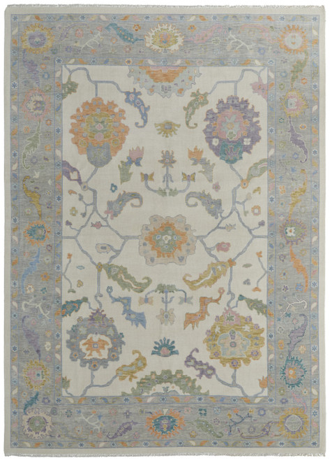 8' X 10' Gray Ivory and Orange Wool Floral Hand Knotted Area Rug With Fringe