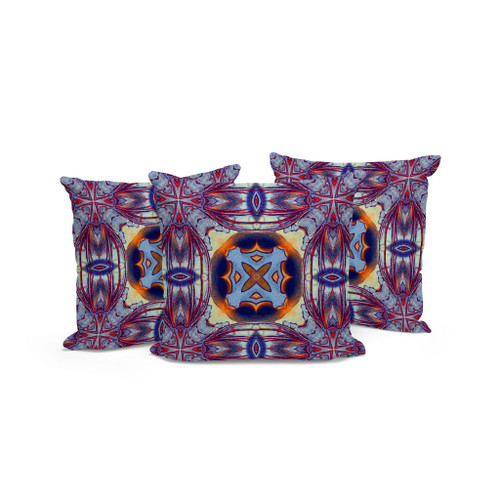 Set of Three Purple Peach Indigo And Yellow Floral Indoor Outdoor Throw Pillow