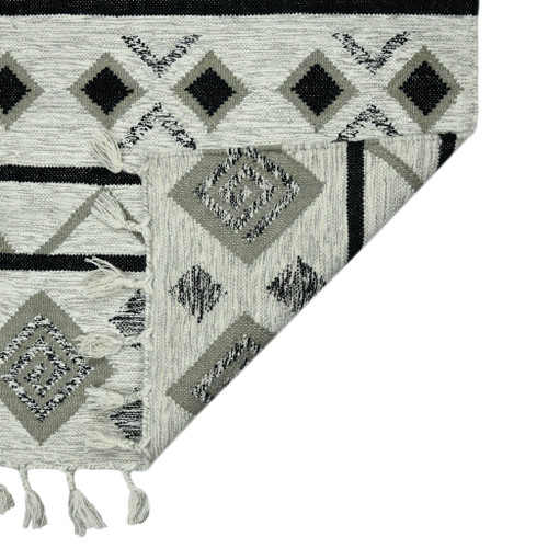 9' X 12' Ivory Gray And Black Wool Tribal Flatweave Handmade Area Rug With Fringe