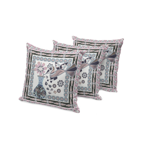 Set of Three Pink Peacock Indoor Outdoor Throw Pillow