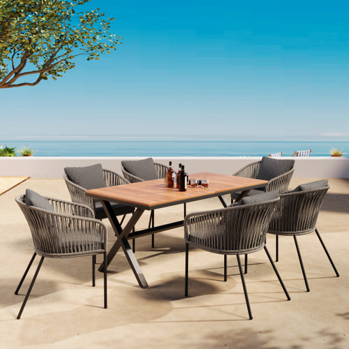 Seven Piece Natural and Black Wood Dining Set with Six Chairs