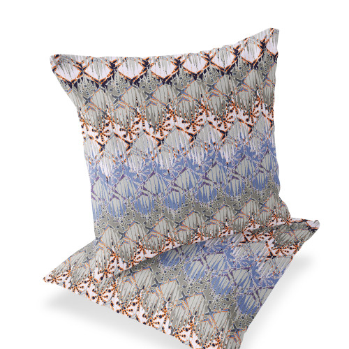Set of Two Orange Purple And Off White Ikat Indoor Outdoor Throw Pillow