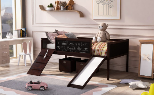 Espresso Platform Solid Wood Twin Loft Bed with Slide