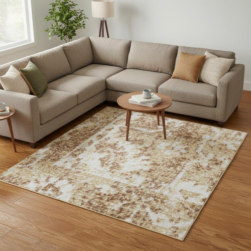 7' X 9' Brown Floral Distressed Area Rug