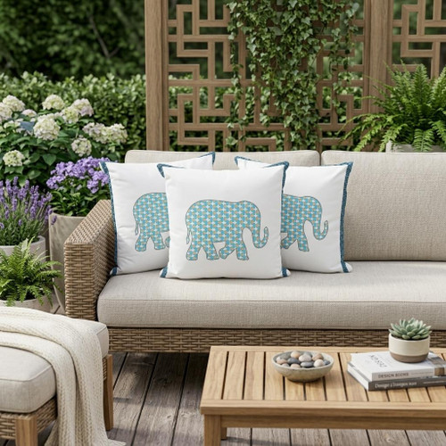 Set of Three Light Blue Gold And White Elephant Indoor Outdoor Throw Pillow