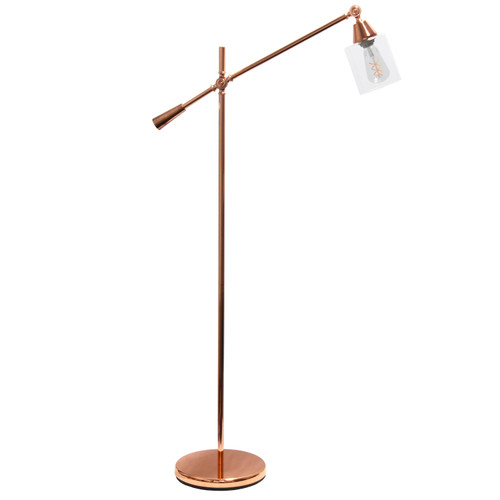 56" Rose Gold Metal Swing Arm Floor Lamp With Clear Glass Cylinder Shade