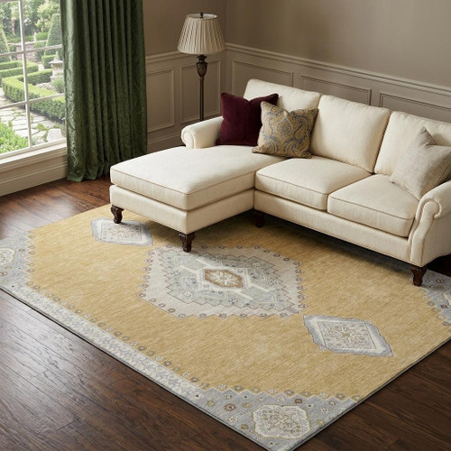9' X 12' Gold Ivory And Gray Oriental Washable Area Rug With UV Protection