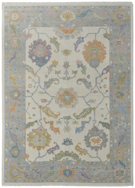 8' X 12' Gray Ivory and Orange Wool Floral Hand Knotted Area Rug With Fringe