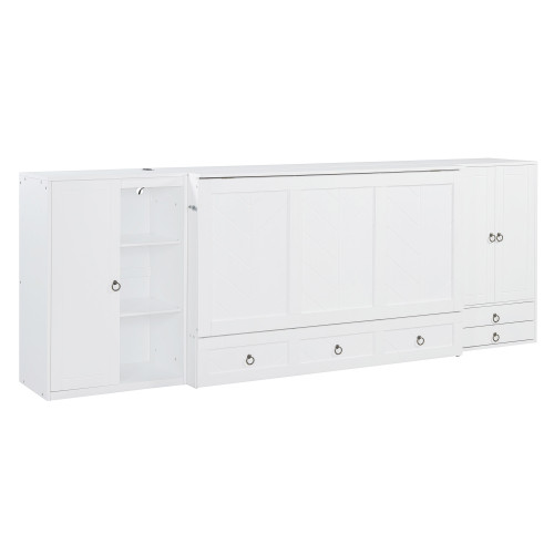 White Wood Queen Murphy Bed With USB