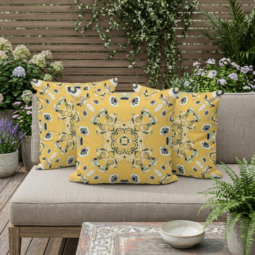 Set of Three Yellow And Blue Botanical Indoor Outdoor Throw Pillow