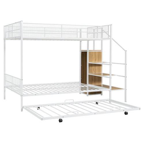 White Twin Over Full Wood And Metal Bunk Bed With Stairs And Desk And Trundle And Storage