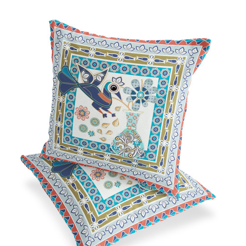 Set of Two Light Green Beige And Pink Peacock Indoor Outdoor Throw Pillow