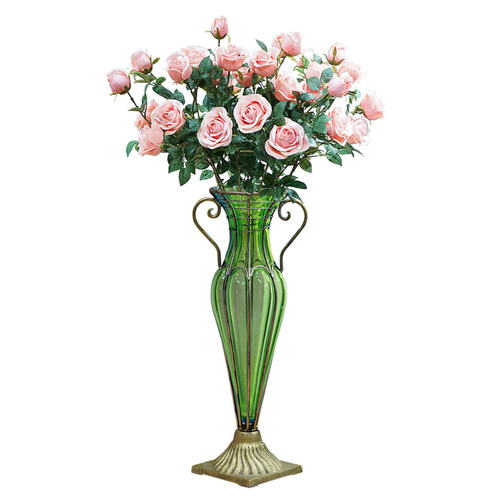 Colo Glass Flower Vase with  Bunch  Heads Artificial Fake Silk Rose Home Decor