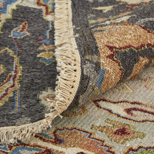 4' X 6' Blue Gray and Brown Wool Ikat Hand Knotted Area Rug With Fringe