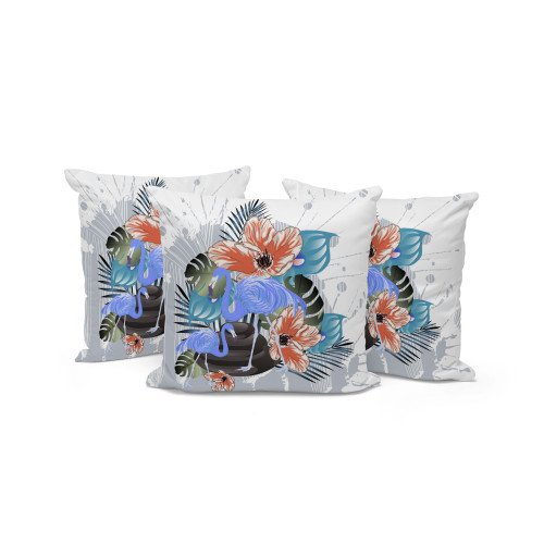 Set of Three Gray Blue And Orange Flamingo Floral Indoor Outdoor Throw Pillow