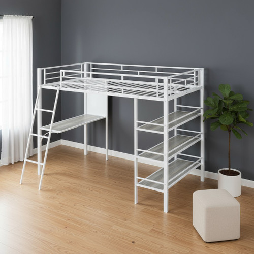Natural And White Slat Wood And Metal Twin Loft Bed With Desk And Shelve