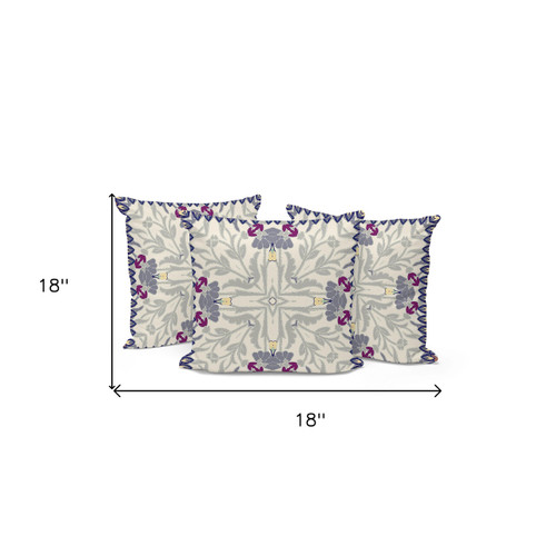 Set of Three Gray And Beige Botanical Indoor Outdoor Throw Pillow
