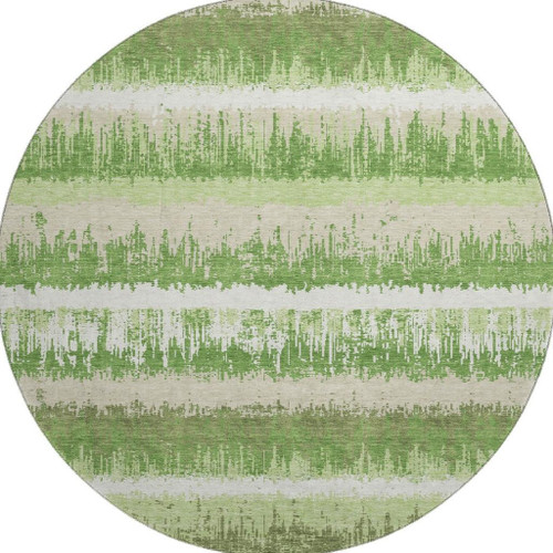 8' Green Ivory And Beige Striped Washable Round Rug With UV Protection