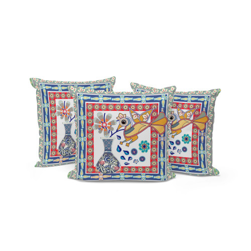 Set of Three Red Peacock Indoor Outdoor Throw Pillow