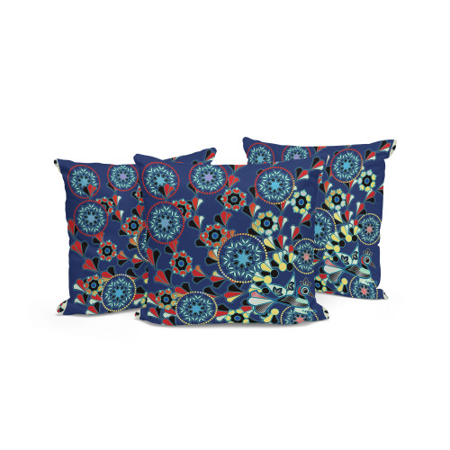 Set of Three Blue Red And Off White Peacock Floral Indoor Outdoor Throw Pillow