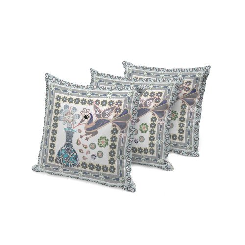 Set of Three Gray And Green Peacock Indoor Outdoor Throw Pillow