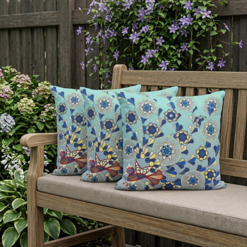Set of Three Light Green Aqua And Brown Peacock Floral Indoor Outdoor Throw Pillow