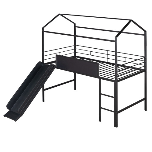 Black Canopy Metal Twin Loft Bed With Slide