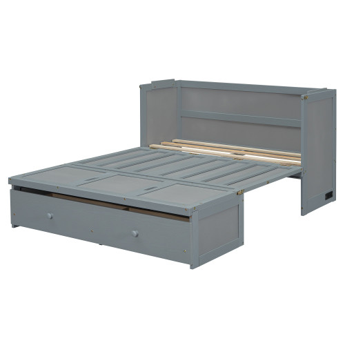 Gray Wood Full Murphy Bed With USB And Drawers