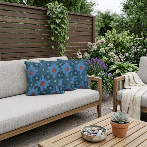 Set of Three Blue Botanical Indoor Outdoor Throw Pillow