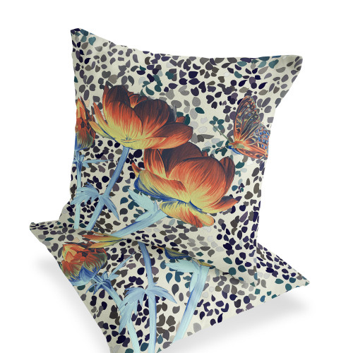 Set of Two Orange Yellow And Cream Floral Indoor Outdoor Throw Pillow