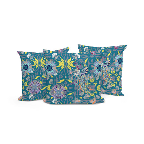Set of Three Green And Yellow Peacock Indoor Outdoor Throw Pillow