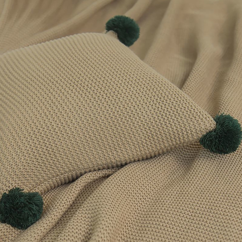 Ribbed Knit Pillowcase with PomPoms Warm Beige