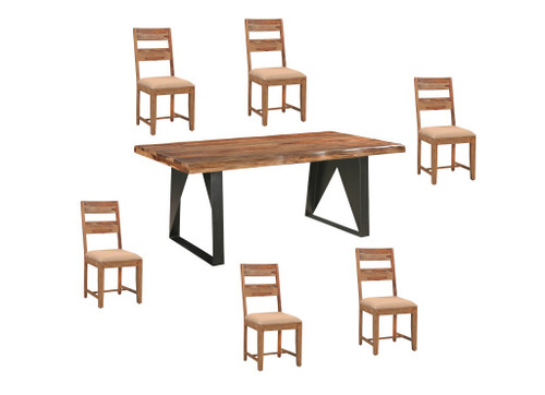 Seven Piece Brown and Black Solid Wood Dining Set with Six Chairs