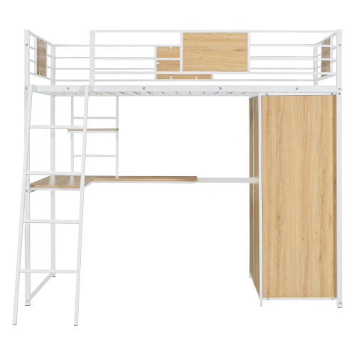 White Platform Wood Twin Loft Bed With Desk And Shelve