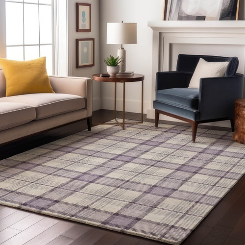 9' X 12' Lavender Ivory And Purple Plaid Washable Area Rug With UV Protection