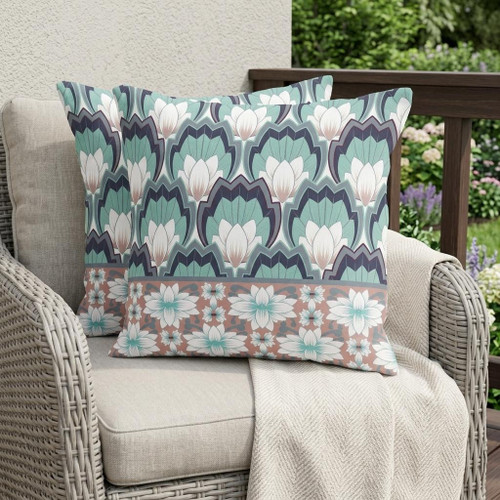 Set of Two Green And Pink Floral Indoor Outdoor Throw Pillow