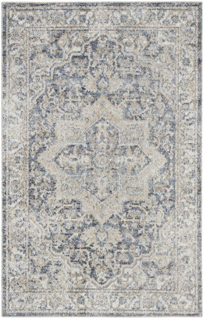 2' X 4' Blue And Gray Floral Medallion Washable Area Rug