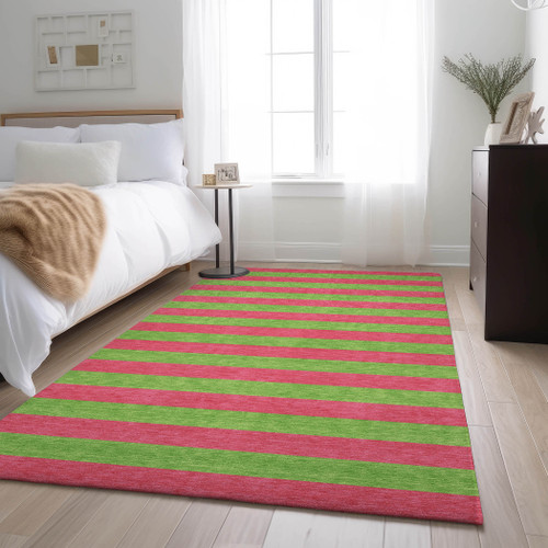 5' X 8' Blush And Green Striped Washable Area Rug With UV Protection
