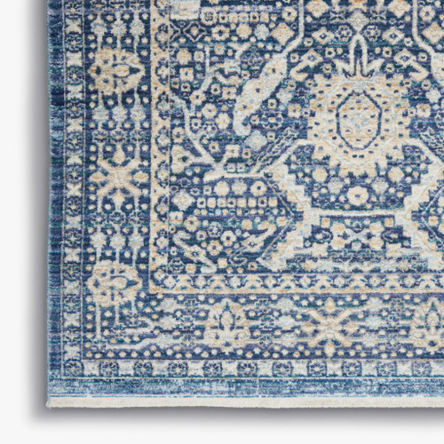 8' Blue And Cream Floral Non Skid Runner Rug With Fringe