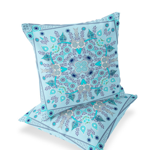 Set of Two Light Blue And Gray Botanical Indoor Outdoor Throw Pillow