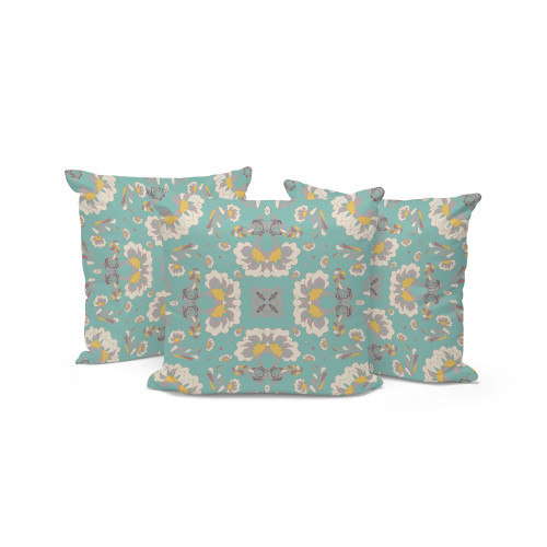 Set of Three Green And White Floral Indoor Outdoor Throw Pillow