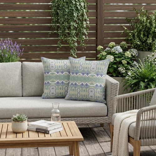 Set of Two Light Green And Beige Botanical Indoor Outdoor Throw Pillow