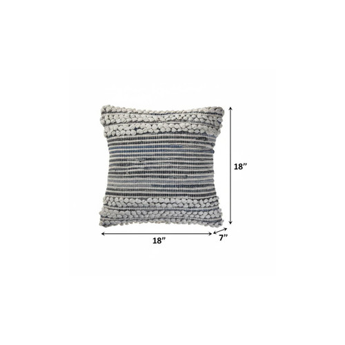 18" Blue And Ivory Striped Cotton Blend Throw Pillow