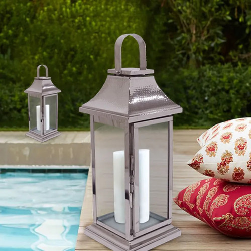 Silver Metal Frame and Glass Candle Holder Lantern 