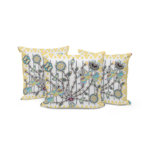 Set of Three White Yellow And Gray Peacock Indoor Outdoor Throw Pillow