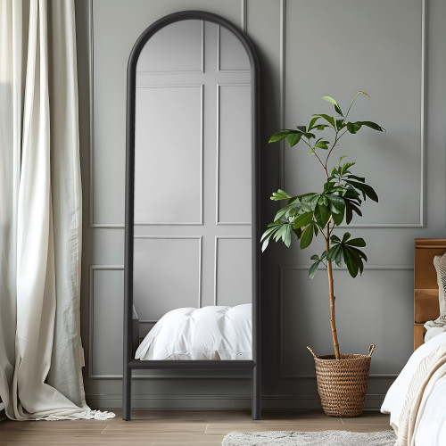 Black Wood Arch Freestanding Ornate Framed Accent Mirror