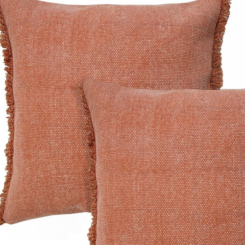 Set of Two 20" Brown Cotton Throw Pillows with Fringe