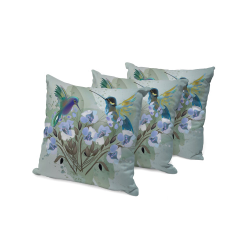 Set of Three Green And Blue Bird Indoor Outdoor Throw Pillow