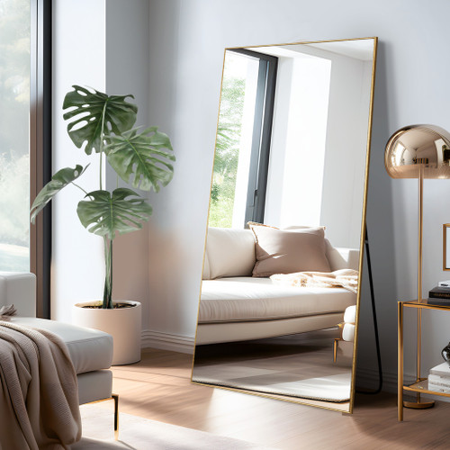 Gold Aluminum Freestanding Ornate Framed Accent Mirror
