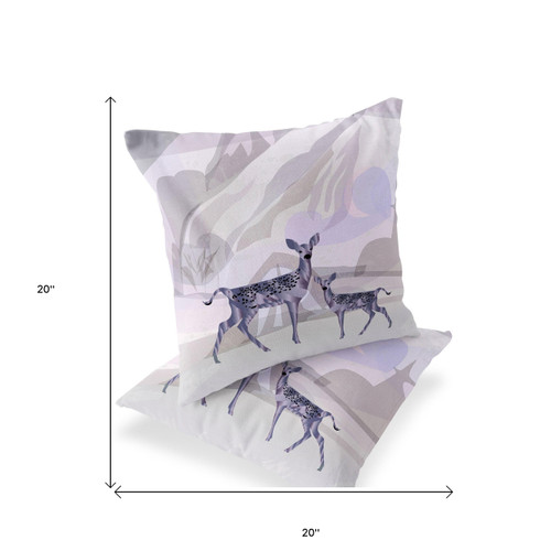 Set of Two Beige Black Purple And Brown Deer Indoor Outdoor Throw Pillow